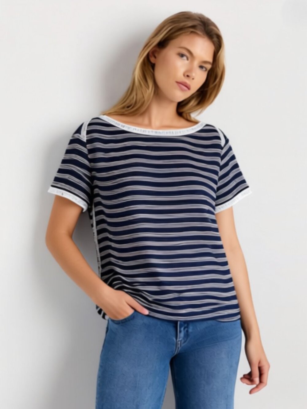 Loft Womens Top Blouse Blue Short Sleeves Crochet Trim Navy Striped Size L